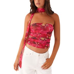 Women Leopard Tube Top Mesh Ruched Strapless Crop Top Sexy Cheetah Print Backless Bandeau Tank Top with Scarf in Kuwait