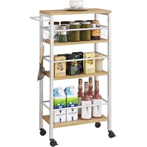 عربة Ibuyke 7.8 "Slim Rolling Cart ، 4 طبقات عربة تخزين المطبخ المعدني ، عربة مرافق ضيقة صناعية ، عربة مع مقبض وموطنة خشبية ، للمطبخ ، غرفة المعيشة ، الحمام ، UTMJ065R الطبيعي
