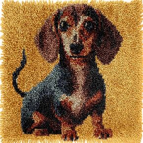 Cute Brown Dachshund Dog Latch Hook Kits Mini Rug DIY Handmade Crochet Yarn Needlework Hook and Latch Kit Printed Canvas Carpet Cushion Cover Home Christmas Decoration 30x30cm(2)