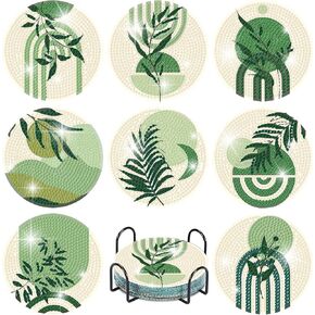 8 PCS Diamond Painting Coasters Kit ، مجردة مصنع للفنون الفنية للماس مع حامل ، مجموعات الحرف اليدوية للوقايات DIY ، والبالغين مجموعات فنون الماس الصغيرة للبالغين للحرفة لحماية الطاولة