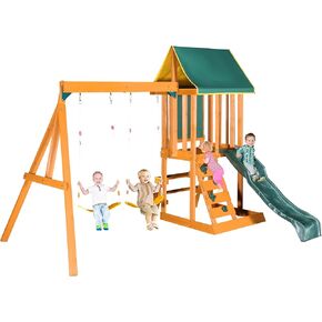 مجموعات ملعب Merax Wooden للأفناء الخلفية ، 3 في 1 أرجوحة وشريحة ومتسلق مجموعة المسرحيات في الهواء الطلق للبناء الخلفي للحديقة ، الأزرق