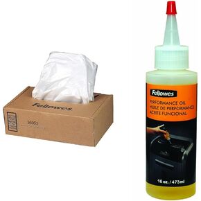 Fellowes 36053 Powershred Shredder Waste Bags for 90S, 99Ci, 99Ms, AutoMax 200C, and AutoMax 130C, 100 Bags & Powershred Performance Shredder Oil, 16 oz. Extended Nozzle Bottle (3525010)