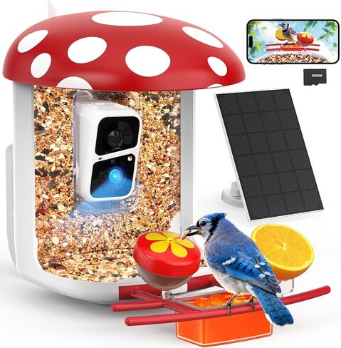 Smart Bird Feeder with Camera 2K Live Real-Time Alert AI Identify with 32G Card DIY Attachments Camera Bird Feeder Solar Powered Wireless Outdoor Birdwatching Gift for Birds Lover, Red in Saudi Arabia