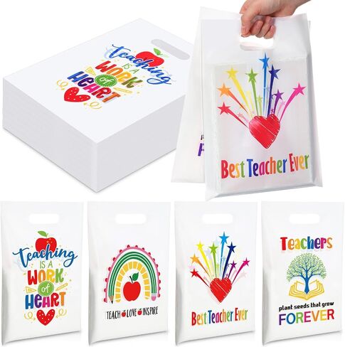 Locmeo 100 Pieces Plastic Teacher Appreciation Gift Bags Bulk 9'' x 12'' Thank You Teacher Party Favors Bags Teacher Ever Treat Bags Merchandise Bags for Teacher Appreciation Party Supplies Decor in Saudi Arabia