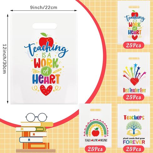 Locmeo 100 Pieces Plastic Teacher Appreciation Gift Bags Bulk 9'' x 12'' Thank You Teacher Party Favors Bags Teacher Ever Treat Bags Merchandise Bags for Teacher Appreciation Party Supplies Decor in Saudi Arabia