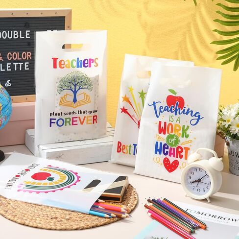 Locmeo 100 Pieces Plastic Teacher Appreciation Gift Bags Bulk 9'' x 12'' Thank You Teacher Party Favors Bags Teacher Ever Treat Bags Merchandise Bags for Teacher Appreciation Party Supplies Decor in Saudi Arabia