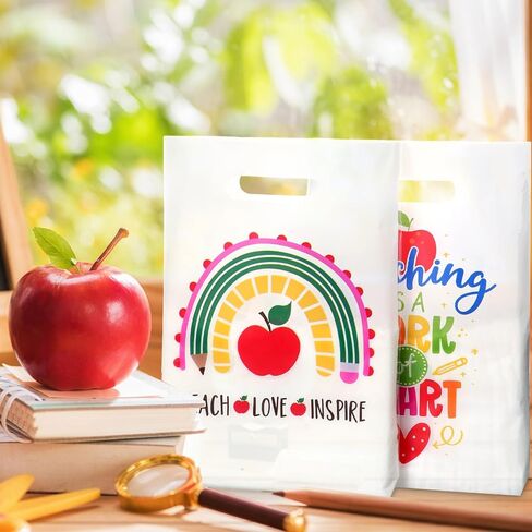Locmeo 100 Pieces Plastic Teacher Appreciation Gift Bags Bulk 9'' x 12'' Thank You Teacher Party Favors Bags Teacher Ever Treat Bags Merchandise Bags for Teacher Appreciation Party Supplies Decor in Saudi Arabia