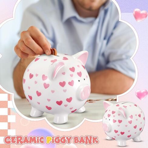 Ceramic Piggy Bank Mini Cute Money Saving Bank Porcelain Decor Coin Box Little Decoration Pig Money Container Special Birthday Christmas New Year Gift(Heart) in Saudi Arabia