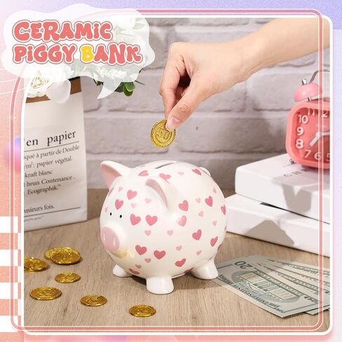 Ceramic Piggy Bank Mini Cute Money Saving Bank Porcelain Decor Coin Box Little Decoration Pig Money Container Special Birthday Christmas New Year Gift(Heart) in Saudi Arabia