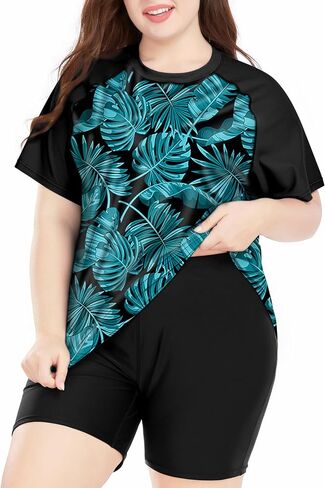 Davena Women's Plus Size 2 Piece Rash Guard Short Sleeve Swimsuit with Boyshorts Swim Shirt UPF 50+ in Kuwait