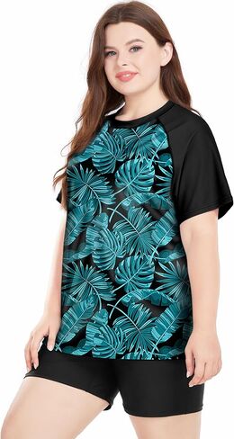 Davena Women's Plus Size 2 Piece Rash Guard Short Sleeve Swimsuit with Boyshorts Swim Shirt UPF 50+ in Kuwait