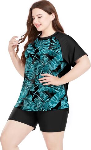 Davena Women's Plus Size 2 Piece Rash Guard Short Sleeve Swimsuit with Boyshorts Swim Shirt UPF 50+ in Kuwait