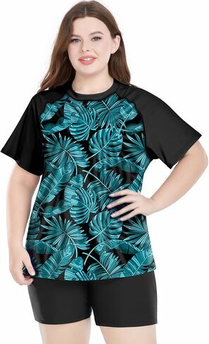 Davena Women's Plus Size 2 Piece Rash Guard Short Sleeve Swimsuit with Boyshorts Swim Shirt UPF 50+ in Kuwait