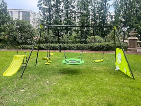 Metal Swing Set Six Function Swingset with Basketball Hoop,Net,Mini Slide,Canvas Saucer Seat for Backyard,Kids Ages 3+,440lbs Capacity,Green and Blue in Saudi Arabia