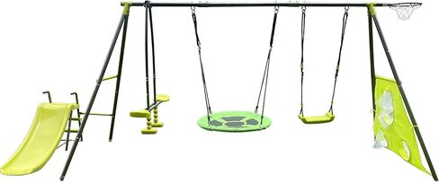 Metal Swing Set Six Function Swingset with Basketball Hoop,Net,Mini Slide,Canvas Saucer Seat for Backyard,Kids Ages 3+,440lbs Capacity,Green and Blue in Saudi Arabia