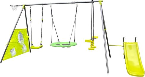 Metal Swing Set Six Function Swingset with Basketball Hoop,Net,Mini Slide,Canvas Saucer Seat for Backyard,Kids Ages 3+,440lbs Capacity,Green and Blue in Saudi Arabia