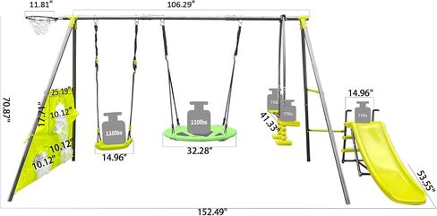 Metal Swing Set Six Function Swingset with Basketball Hoop,Net,Mini Slide,Canvas Saucer Seat for Backyard,Kids Ages 3+,440lbs Capacity,Green and Blue in Saudi Arabia