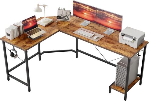 Modern L-Shaped Computer Desk with Monitor Stand | 66" Corner Home Office Desk with Storage Shelves | Spacious Workstation for Gaming & Work, Rustic Brown in Saudi Arabia