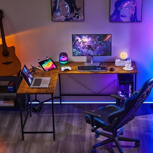 Modern L-Shaped Computer Desk with Monitor Stand | 66" Corner Home Office Desk with Storage Shelves | Spacious Workstation for Gaming & Work, Rustic Brown in Saudi Arabia