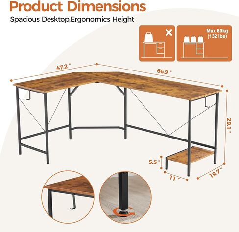 Modern L-Shaped Computer Desk with Monitor Stand | 66" Corner Home Office Desk with Storage Shelves | Spacious Workstation for Gaming & Work, Rustic Brown in Saudi Arabia