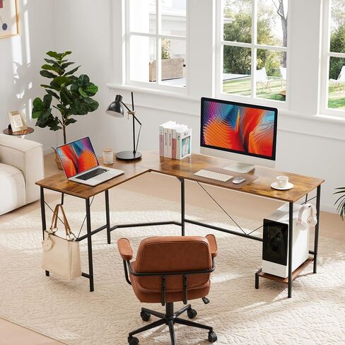 Modern L-Shaped Computer Desk with Monitor Stand | 66" Corner Home Office Desk with Storage Shelves | Spacious Workstation for Gaming & Work, Rustic Brown in Saudi Arabia