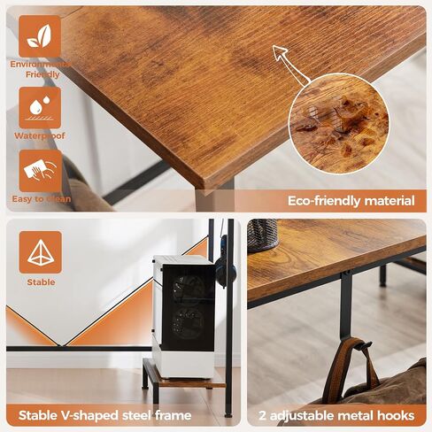 Modern L-Shaped Computer Desk with Monitor Stand | 66" Corner Home Office Desk with Storage Shelves | Spacious Workstation for Gaming & Work, Rustic Brown in Saudi Arabia