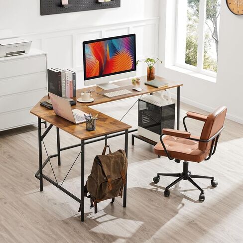 Modern L-Shaped Computer Desk with Monitor Stand | 66" Corner Home Office Desk with Storage Shelves | Spacious Workstation for Gaming & Work, Rustic Brown in Saudi Arabia