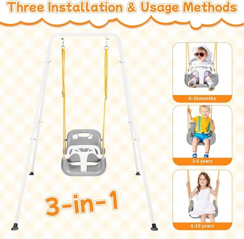 4-in-1 Toddler Swing Set & Baby Jumper and Bouncer for Toddlers, Foldable Baby Swing Stand for Outdoor Indoor Play, Easy to Assemble and Store for Ages 6 Months to 10 Years Old (Grey) in Kuwait
