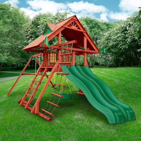 Gorilla Playsets 01-0012 Sun Palace I Wood Swing Set with Tire Swing, Rock Wall, and Wood Roof, Redwood in Saudi Arabia