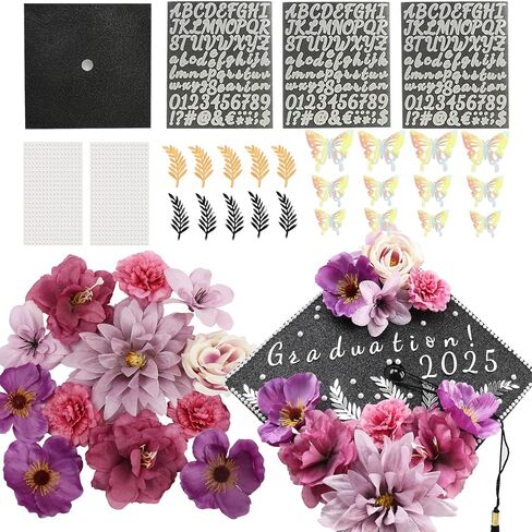 Nagobi Purple DIY Graduation Cap Decorations Kit, Flowers Grad Cap Decorations for 2025 Included Faux Flower Heads 3D Butterfly Rhinestones Alphabet Letter Stickers for Grad Party Craft Decor in Saudi Arabia