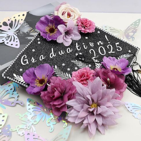 Nagobi Purple DIY Graduation Cap Decorations Kit, Flowers Grad Cap Decorations for 2025 Included Faux Flower Heads 3D Butterfly Rhinestones Alphabet Letter Stickers for Grad Party Craft Decor in Saudi Arabia