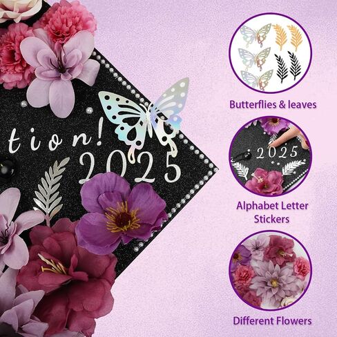 Nagobi Purple DIY Graduation Cap Decorations Kit, Flowers Grad Cap Decorations for 2025 Included Faux Flower Heads 3D Butterfly Rhinestones Alphabet Letter Stickers for Grad Party Craft Decor in Saudi Arabia