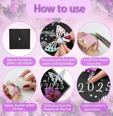 Nagobi Purple DIY Graduation Cap Decorations Kit, Flowers Grad Cap Decorations for 2025 Included Faux Flower Heads 3D Butterfly Rhinestones Alphabet Letter Stickers for Grad Party Craft Decor in Saudi Arabia