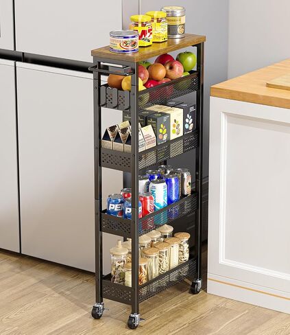 Giwil Slim Storage Cart 5 Tier Narrow Kitchen Rolling Cart on Wheels for Small Space, Metal Utility Cart Narrow Bathroom Storage Cabinet Mobile Shelf Unit Organizer with Wood Top and Handle, Black in Saudi Arabia