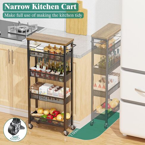 Giwil Slim Storage Cart 5 Tier Narrow Kitchen Rolling Cart on Wheels for Small Space, Metal Utility Cart Narrow Bathroom Storage Cabinet Mobile Shelf Unit Organizer with Wood Top and Handle, Black in Saudi Arabia