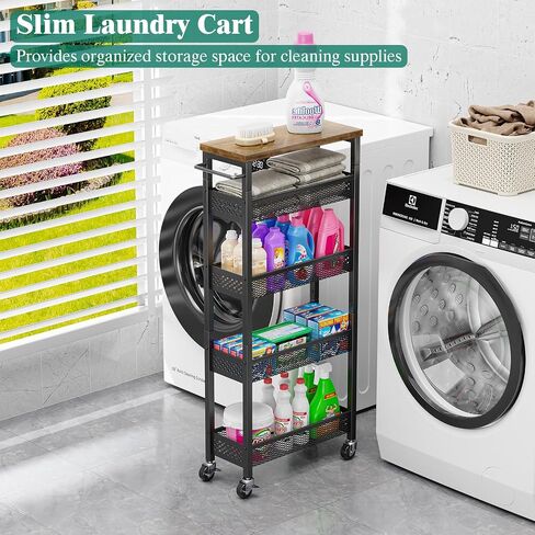 Giwil Slim Storage Cart 5 Tier Narrow Kitchen Rolling Cart on Wheels for Small Space, Metal Utility Cart Narrow Bathroom Storage Cabinet Mobile Shelf Unit Organizer with Wood Top and Handle, Black in Saudi Arabia