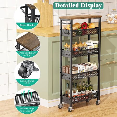 Giwil Slim Storage Cart 5 Tier Narrow Kitchen Rolling Cart on Wheels for Small Space, Metal Utility Cart Narrow Bathroom Storage Cabinet Mobile Shelf Unit Organizer with Wood Top and Handle, Black in Saudi Arabia