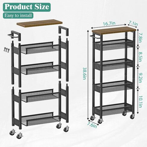 Giwil Slim Storage Cart 5 Tier Narrow Kitchen Rolling Cart on Wheels for Small Space, Metal Utility Cart Narrow Bathroom Storage Cabinet Mobile Shelf Unit Organizer with Wood Top and Handle, Black in Saudi Arabia