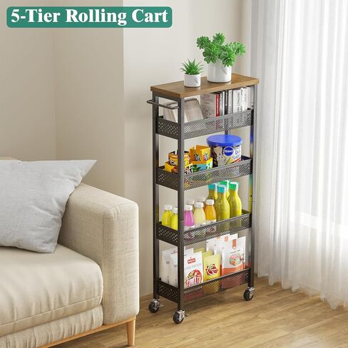 Giwil Slim Storage Cart 5 Tier Narrow Kitchen Rolling Cart on Wheels for Small Space, Metal Utility Cart Narrow Bathroom Storage Cabinet Mobile Shelf Unit Organizer with Wood Top and Handle, Black in Saudi Arabia