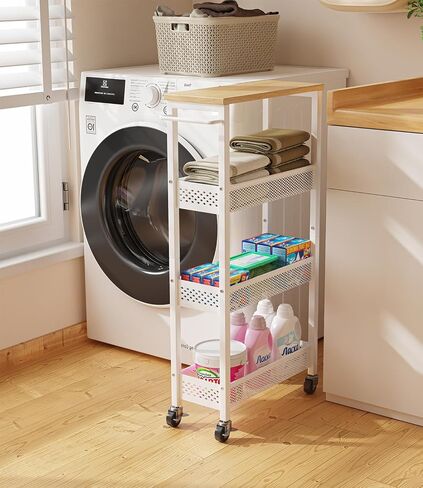Giwil Slim Storage Cart 5 Tier Narrow Kitchen Rolling Cart on Wheels for Small Space, Metal Utility Cart Narrow Bathroom Storage Cabinet Mobile Shelf Unit Organizer with Wood Top and Handle, Black in Saudi Arabia