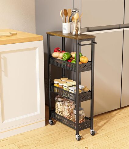 عربة تخزين Giwil Slim 5 Tier Narrow Kitchen Rolling Cart على عجلات للمساحة الصغيرة ، عربة المعادن الضيقة خزانة الحمام الجرف الجرف المنظم مع قمة الخشب والمقبض ، الأسود in Saudi Arabia