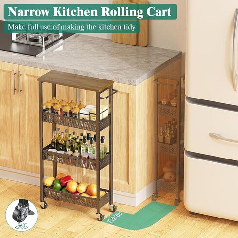 عربة تخزين Giwil Slim 5 Tier Narrow Kitchen Rolling Cart على عجلات للمساحة الصغيرة ، عربة المعادن الضيقة خزانة الحمام الجرف الجرف المنظم مع قمة الخشب والمقبض ، الأسود in Saudi Arabia