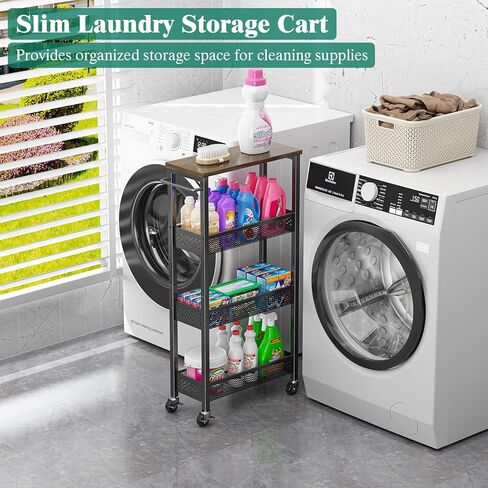 عربة تخزين Giwil Slim 5 Tier Narrow Kitchen Rolling Cart على عجلات للمساحة الصغيرة ، عربة المعادن الضيقة خزانة الحمام الجرف الجرف المنظم مع قمة الخشب والمقبض ، الأسود in Saudi Arabia