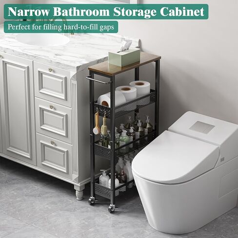 عربة تخزين Giwil Slim 5 Tier Narrow Kitchen Rolling Cart على عجلات للمساحة الصغيرة ، عربة المعادن الضيقة خزانة الحمام الجرف الجرف المنظم مع قمة الخشب والمقبض ، الأسود in Saudi Arabia