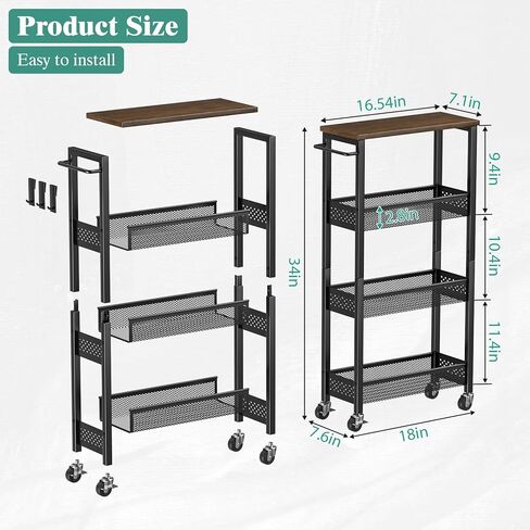 عربة تخزين Giwil Slim 5 Tier Narrow Kitchen Rolling Cart على عجلات للمساحة الصغيرة ، عربة المعادن الضيقة خزانة الحمام الجرف الجرف المنظم مع قمة الخشب والمقبض ، الأسود in Saudi Arabia
