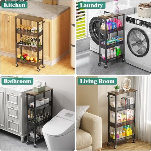 عربة تخزين Giwil Slim 5 Tier Narrow Kitchen Rolling Cart على عجلات للمساحة الصغيرة ، عربة المعادن الضيقة خزانة الحمام الجرف الجرف المنظم مع قمة الخشب والمقبض ، الأسود in Saudi Arabia