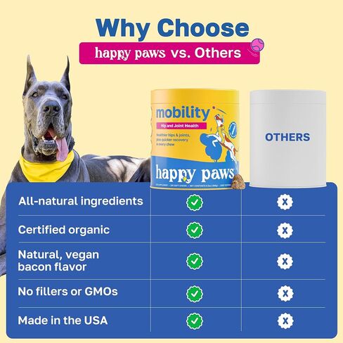 Mobility Hip & Joint Health Support for Dogs, Soft Chews with Glucosamine, Chondroitin, Msm, Green Lipped Mussel, Turmeric & Hyaluronic Acid, Organic, Vegan, Bacon Flavor, 100 Count in Kuwait
