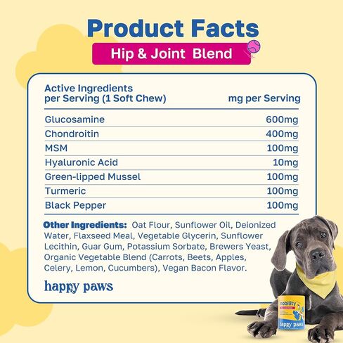 Mobility Hip & Joint Health Support for Dogs, Soft Chews with Glucosamine, Chondroitin, Msm, Green Lipped Mussel, Turmeric & Hyaluronic Acid, Organic, Vegan, Bacon Flavor, 100 Count in Kuwait