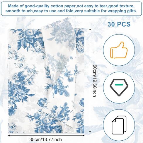 30pcs Peony Tissue Paper, 14x20 Inch Gift Wrap Sheets for Gift Bag Packaging, Wedding, Birthday Party (Blue) in Saudi Arabia