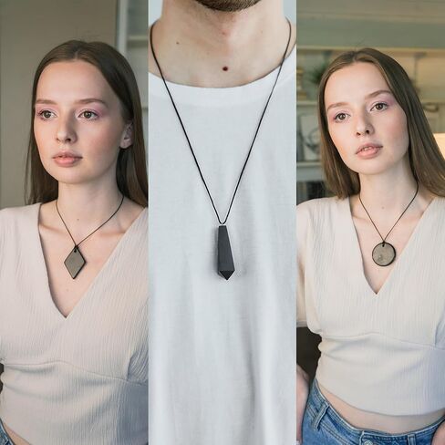 Karelian Heritage Shungite Pendant Set | Minimalistic Natural Black Crystal Jewelry | Defender Shield Protection Stone Necklace | Sacred Chakra Healing Pendant, Reiki Meditation and Grounding in Kuwait
